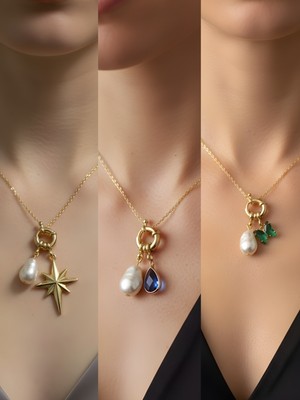 NKT Collection Mavi Damla Zümrüt Yeşili Kelebek Kutup Yıldızı Incili Kolye
