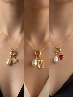 NKT Collection Kırmızı Kalp Kaktüs Deniz Yıldızı Incili Kolye