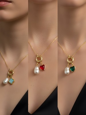 NKT Collection Zümrüt Yeşili Kalp Kırmızı Kalp Turkuaz Yonca Incili Kolye