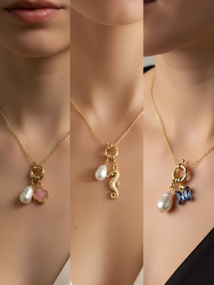 NKT Collection Deniz Atı Mavi Kelebek Pembe Yonca Incili Kolye