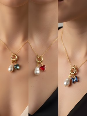 NKT Collection Kırmızı Kalp Mavi Kelebek Turkuaz Kalp Incili Kolye