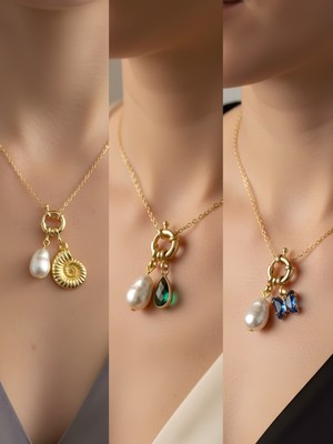 NKT Collection Mavi Kelebek Zümrüt Yeşili Damla Deniz Kabuğu Incili Kolye