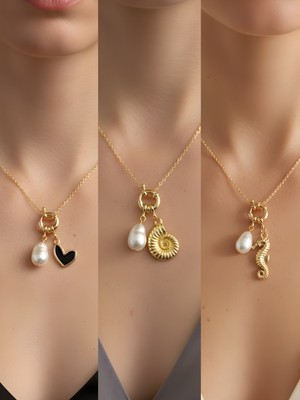 NKT Collection Deniz Atı Deniz Kabuğu Siyah Kalp Incili Kolye