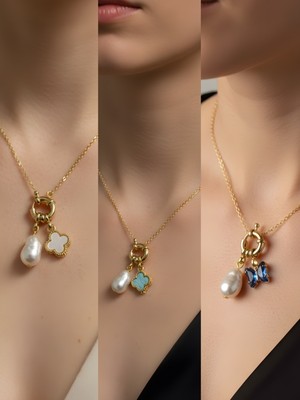 NKT Collection Mavi Kelebek Turkuaz Yonca Beyaz Yonca Incili Kolye