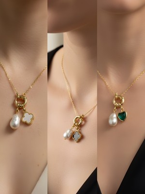 NKT Collection Zümrüt Yeşili Kalp Siyah Yonca Beyaz Yonca Incili Kolye