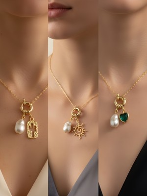 NKT Collection Zümrüt Yeşili Kalp Güneş Kaktüs Incili Kolye