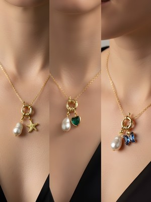 NKT Collection Zümrüt Yeşili Kalp Mavi Kelebek Deniz Yıldızı Incili Kolye