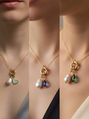 NKT Collection Mavi Damla Zümrüt Yeşili Damla Turkuaz Kalp Incili Kolye