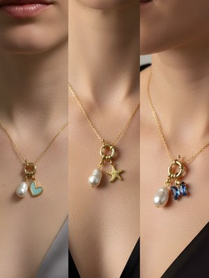 NKT Collection Mavi Kelebek Deniz Yıldızı Turkuaz Kalp Incili Kolye