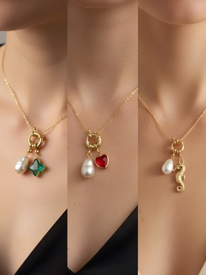 NKT Collection Deniz Atı Kırmızı Kalp Zümrüt Yeşili Yıldız Incili Kolye