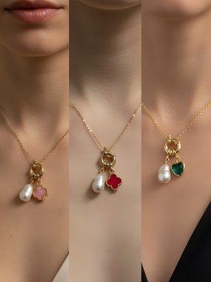 NKT Collection Zümrüt Yeşili Kalp Kırmızı Yonca Pembe Yonca Incili Kolye