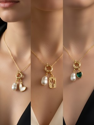 NKT Collection Zümrüt Yeşili Kalp Beyaz Kalp Kaktüs Incili Kolye