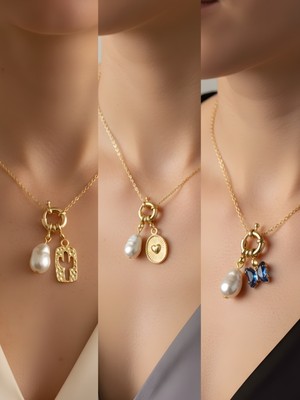 NKT Collection Mavi Kelebek Kabartma Kalp Kaktüs Incili Kolye