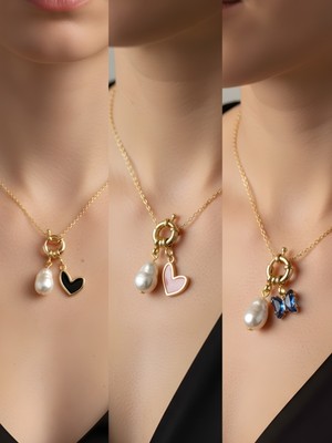 NKT Collection Mavi Kelebek Pembe Kalp Siyah Kalp Incili Kolye