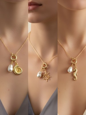 NKT Collection Deniz Atı Güneş Deniz Kabuğu Incili Kolye