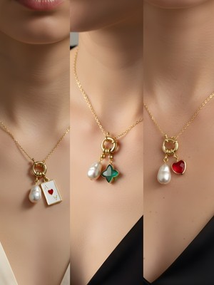 NKT Collection Kırmızı Kalp Zümrüt Yeşili Yıldız Kupa As Incili Kolye