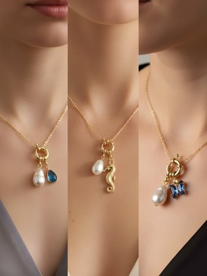 NKT Collection Deniz Atı Mavi Kelebek Turkuaz Damla Incili Kolye