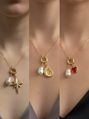 NKT Collection Kırmızı Kalp Deniz Kabuğu Kutup Yıldızı Incili Kolye
