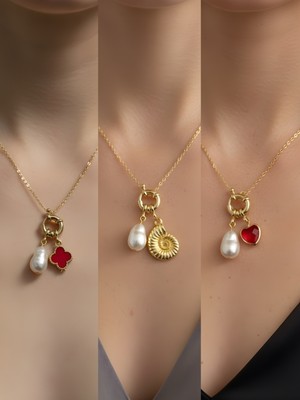 NKT Collection Kırmızı Kalp Deniz Kabuğu Kırmızı Yonca Incili Kolye