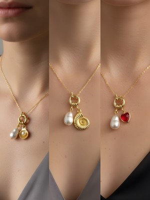 NKT Collection Kırmızı Kalp Deniz Kabuğu Midye Incili Kolye