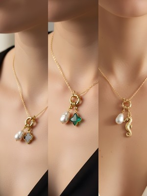 NKT Collection Deniz Atı Zümrüt Yeşili Yıldız Siyah Yonca Incili Kolye