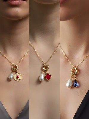 NKT Collection Mavi Damla Kırmızı Yonca Ay Güneş Incili Kolye