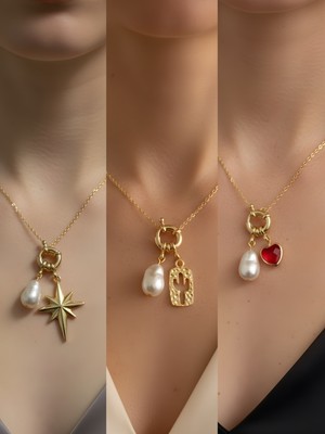 NKT Collection Kırmızı Kalp Kaktüs Kutup Yıldızı Incili Kolye