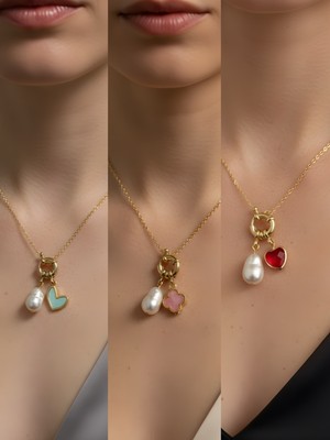 NKT Collection Kırmızı Kalp Pembe Yonca Turkuaz Kalp Incili Kolye