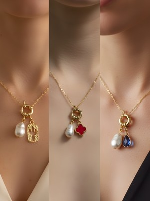 NKT Collection Mavi Damla Kaktüs Kırmızı Yonca Incili Kolye