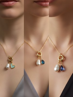 NKT Collection Mavi Damla Turkuaz Damla Turkuaz Kalp Incili Kolye