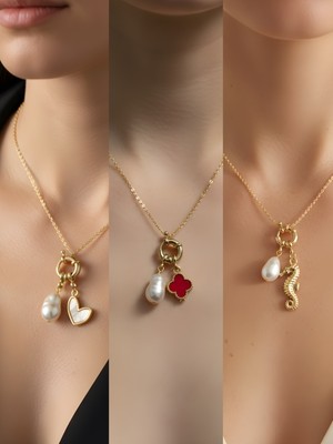 NKT Collection Deniz Atı Beyaz Kalp Kırmızı Yonca Incili Kolye