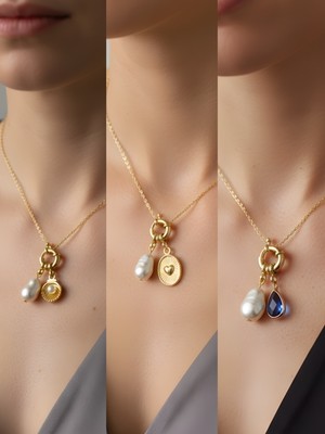 NKT Collection Mavi Damla Kabartma Kalp Midye Incili Kolye