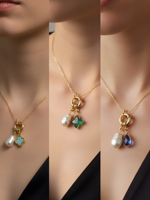 NKT Collection Mavi Damla Zümrüt Yeşili Yıldız Turkuaz Yonca Incili Kolye