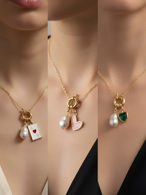 NKT Collection Zümrüt Yeşili Kalp Pembe Kalp Kupa As Incili Kolye