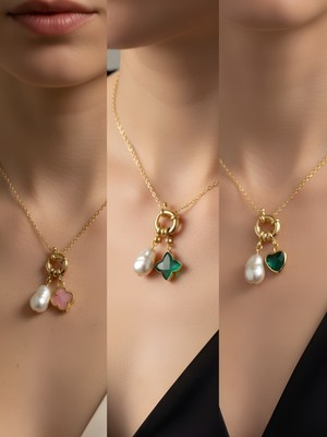 NKT Collection Zümrüt Yeşili Kalp Zümrüt Yeşili Yıldız Pembe Yonca Incili Kolye