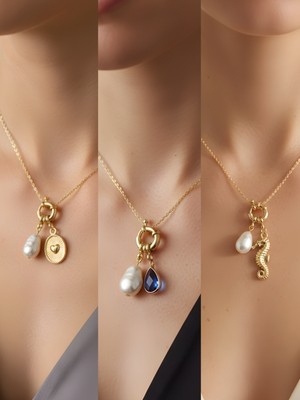 NKT Collection Deniz Atı Mavi Damla Kabartma Kalp Incili Kolye