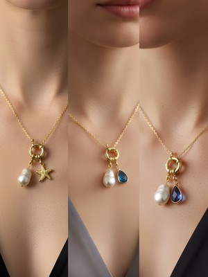 NKT Collection Mavi Damla Turkuaz Damla Deniz Yıldızı Incili Kolye