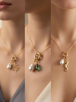 NKT Collection Deniz Atı Zümrüt Yeşili Damla Güneş Incili Kolye