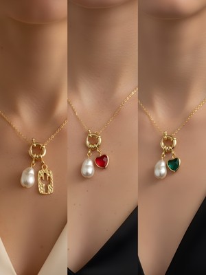 NKT Collection Zümrüt Yeşili Kalp Kırmızı Kalp Kaktüs Incili Kolye