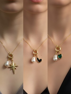 NKT Collection Zümrüt Yeşili Kalp Siyah Kalp Kutup Yıldızı Incili Kolye