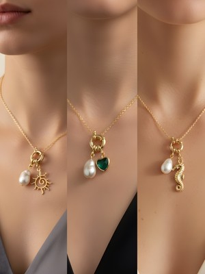 NKT Collection Deniz Atı Zümrüt Yeşili Kalp Güneş Incili Kolye