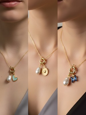 NKT Collection Mavi Kelebek Kabartma Kalp Turkuaz Kalp Incili Kolye