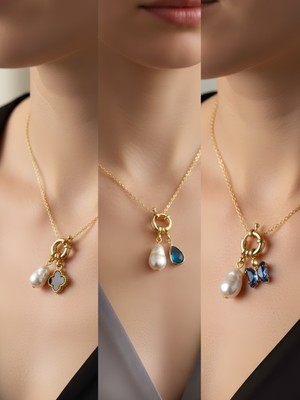 NKT Collection Mavi Kelebek Turkuaz Damla Siyah Yonca Incili Kolye