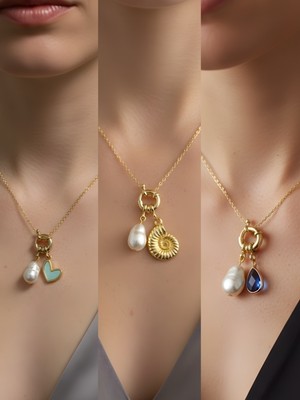 NKT Collection Mavi Damla Deniz Kabuğu Turkuaz Kalp Incili Kolye