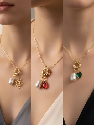 NKT Collection Zümrüt Yeşili Kalp Kırmızı Damla Güneş Incili Kolye