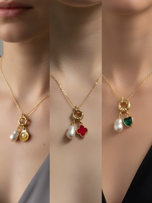 NKT Collection Zümrüt Yeşili Kalp Kırmızı Yonca Midye Incili Kolye