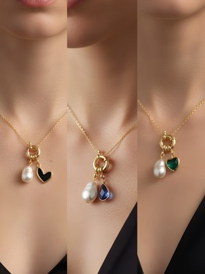 NKT Collection Zümrüt Yeşili Kalp Mavi Damla Siyah Kalp Incili Kolye