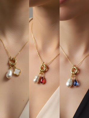 NKT Collection Mavi Damla Kırmızı Damla Beyaz Yonca Incili Kolye