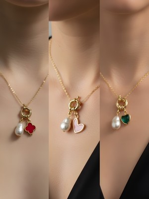 NKT Collection Zümrüt Yeşili Kalp Pembe Kalp Kırmızı Yonca Incili Kolye