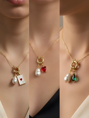 NKT Collection Kırmızı Kalp Zümrüt Yeşili Damla Kupa As Incili Kolye